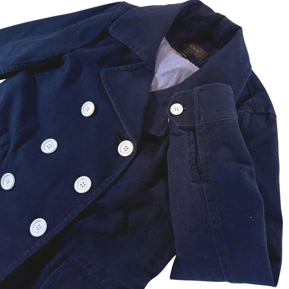 J.Crew Navy Cotton Twill Nautical Pea Coat Jacket Double Breasted Size 2 Pockets - Picture 1 of 13